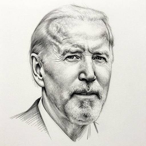 Black-and-white ink drawing of an elderly man with a receding hairline, mustache, and slight smile, wearing a collared shirt.