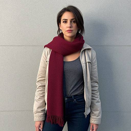 Photograph of a young woman with medium-length dark brown hair, wearing a white jacket, dark gray shirt, and red scarf, standing against a light