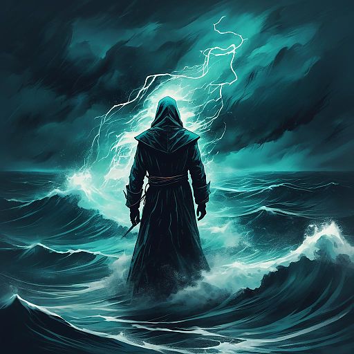 Mystical Hooded Figure by Stormy Sea