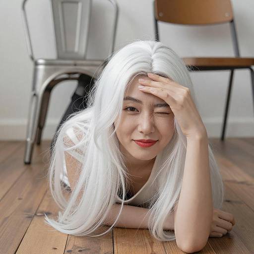 Winking Asian Woman with White Hair