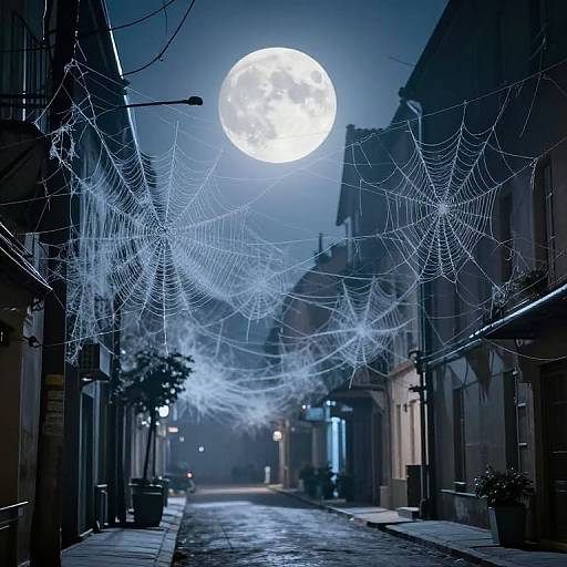 Photograph of a cobblestone alley at night, illuminated by a bright full moon, with large, glowing spiderwebs stretching between buildings.