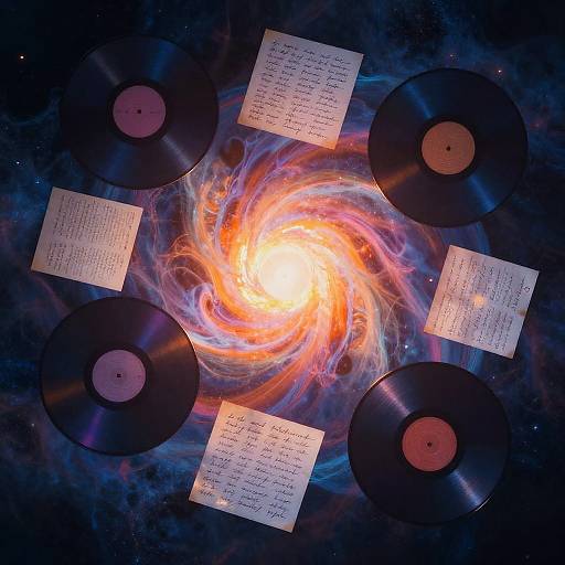 Photograph of six vinyl records with handwritten lyrics around a vibrant, swirling galaxy center in space-themed background.