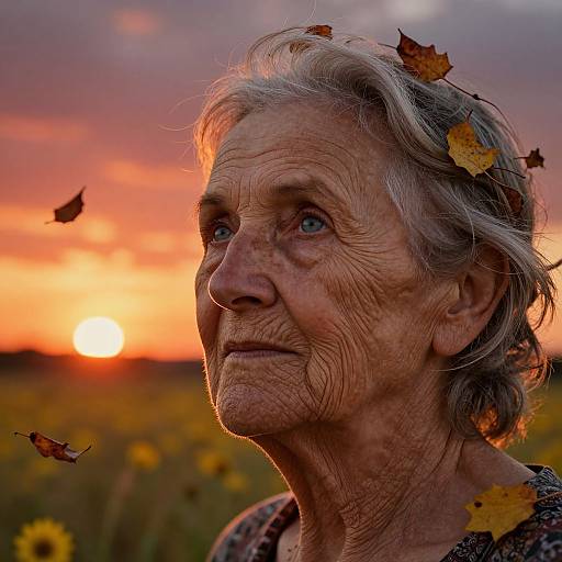 Photograph of an elderly woman with wrinkled skin, gray hair, and blue eyes, standing in a sunlit field at sunset, with autumn leaves