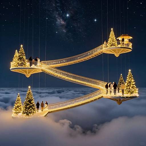 Photograph of a luminous, floating suspension bridge with Christmas trees, adorned with lights, spanning a starry night sky over fluffy clouds.