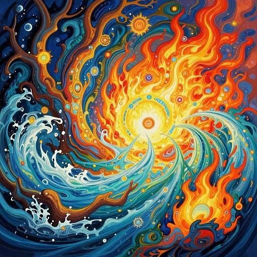 Vibrant digital painting of swirling fire and water, blending orange flames with blue waves, set against a dark, cosmic background.