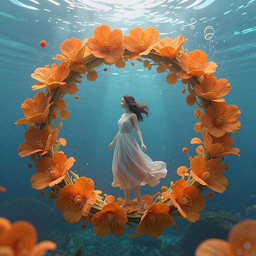 Photograph of a woman in a flowing white dress, standing underwater, surrounded by a vibrant orange flower wreath, sunlight filtering through blue water.
