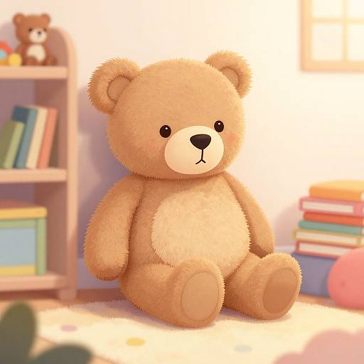 Digital illustration of a plush, light-brown teddy bear with black eyes and nose, sitting on a carpeted floor in a sunlit, cozy