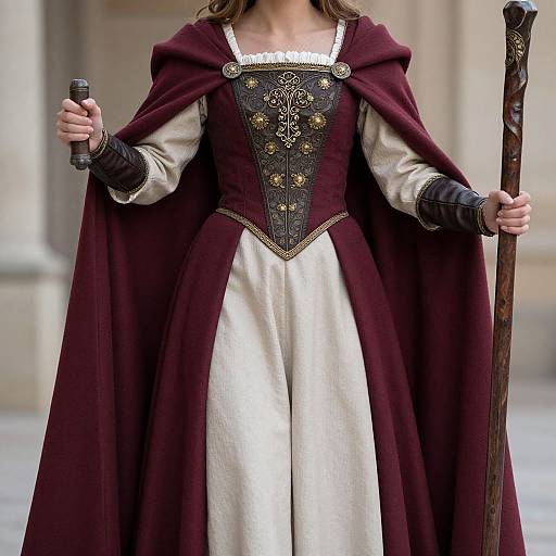 Photograph of a woman in medieval attire, holding a staff, wearing a maroon cloak, white dress with black embroidered bodice, and leather gloves
