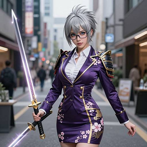 CGI anime-style woman with silver hair, glasses, and purple floral suit holding two glowing swords on a busy urban street.