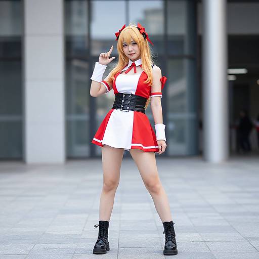 CGI anime-style girl with long blonde hair, red and white dress, black belt, wristbands, and boots, standing confidently in a modern urban