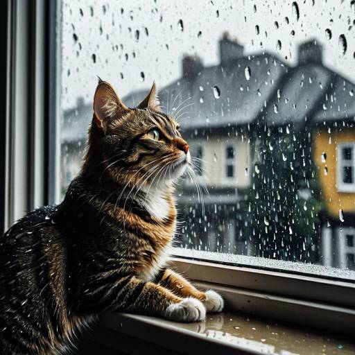Tabby Cat on Rainy Windowsill