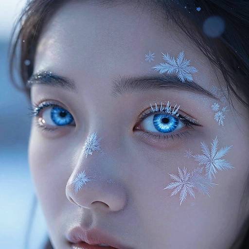 Close-up photograph of a young girl with striking blue eyes, snowflake patterns on her face, and a soft, ethereal blue glow.
