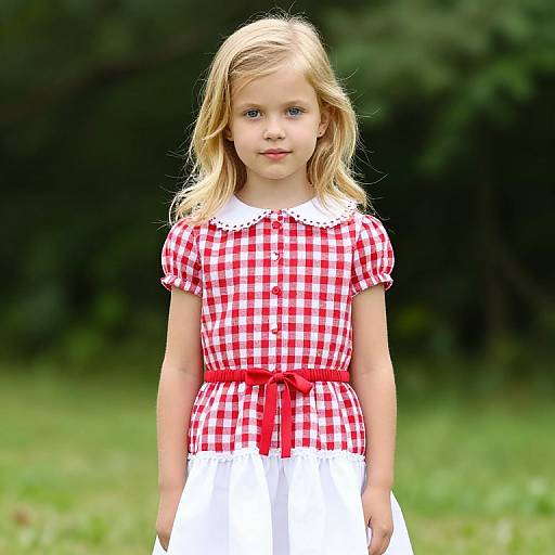 Photograph of a blonde young girl with blue eyes, wearing a red and white checkered dress with white collar and red ribbon, standing in a green