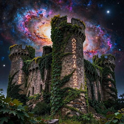 Ancient Ivy-Covered Castle Under Galaxies