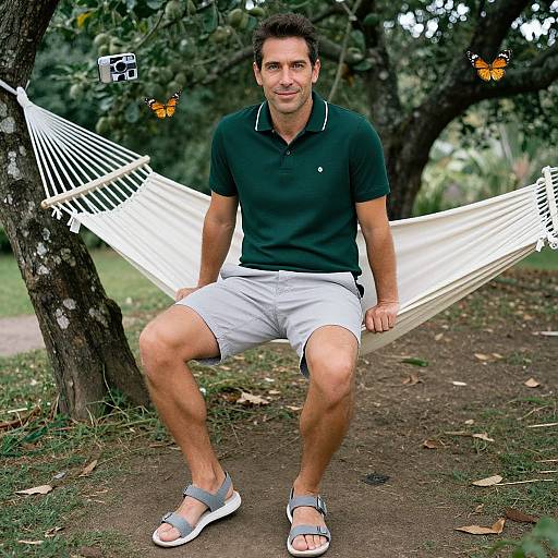 Photograph of a middle-aged man with short dark hair, wearing a green polo shirt, white shorts, and gray sandals, sitting on a white hamm