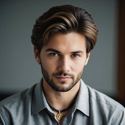 Portrait of Young Man with Brown Hair and Beaded Necklace