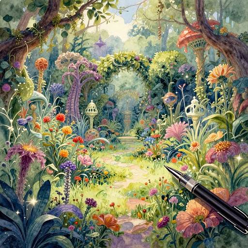 Whimsical digital painting of a vibrant, sunlit garden with colorful flowers, lush greenery, hanging birdhouses, and a pen in the foreground