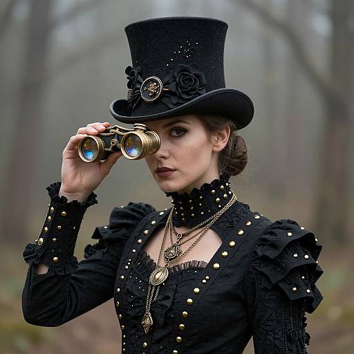 Steampunk woman with dark hair, black top hat, and dress, using brass binoculars in a foggy forest, wearing gold necklaces