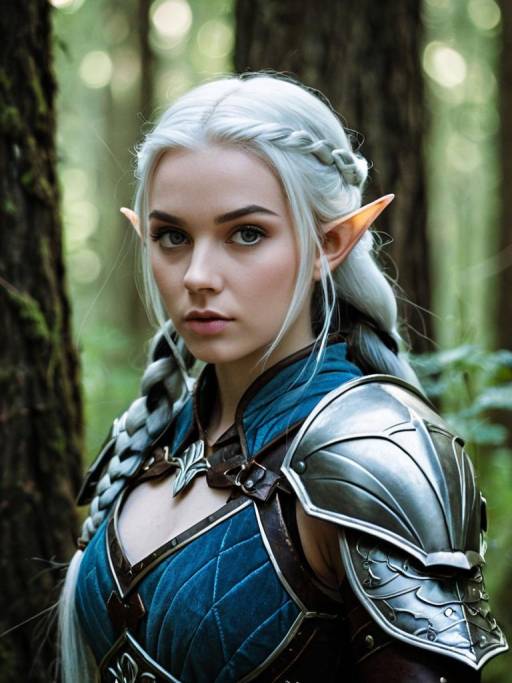 Elf Woman in Blue Armor with Braid in Forest