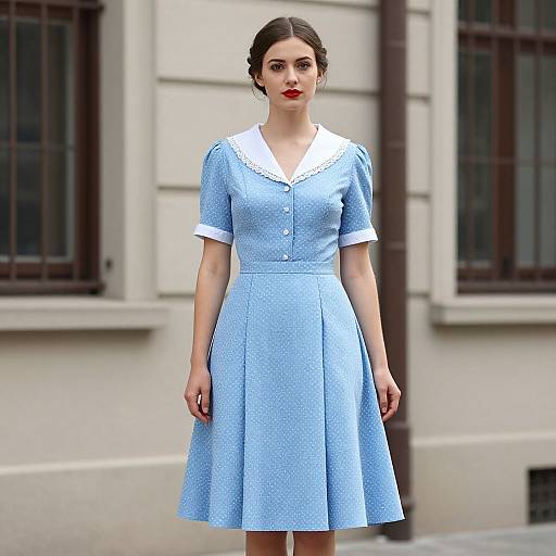 Photograph of a young woman with fair skin, red lipstick, and dark brown hair in a neat bun, wearing a light blue, short-slee