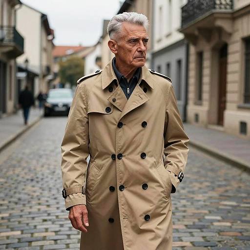 Photograph of an older white man with gray hair, wearing a beige trench coat, walking on a cobblestone street in a European town. Bl