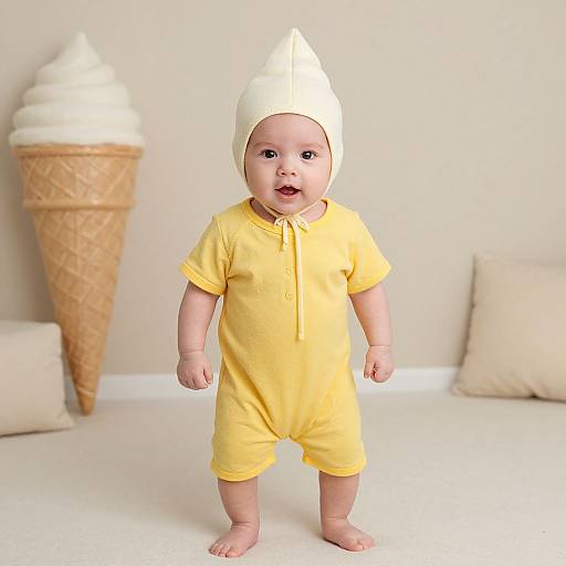 Photograph of a cute baby in a yellow onesie and white ice cream cone hat, standing barefoot, in front of a cream-colored wall and