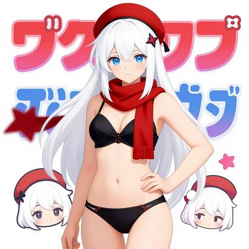 Anime-style digital illustration of a white-haired girl with blue eyes, wearing a red beret, black bra, and panties, and a red scarf,