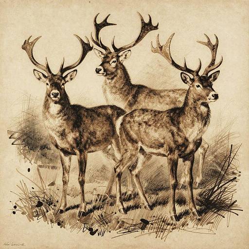 Vintage Sepia Etching of Noble Stags
