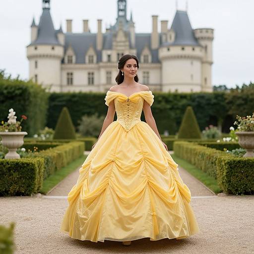 Belle-Inspired Woman in Castle Garden