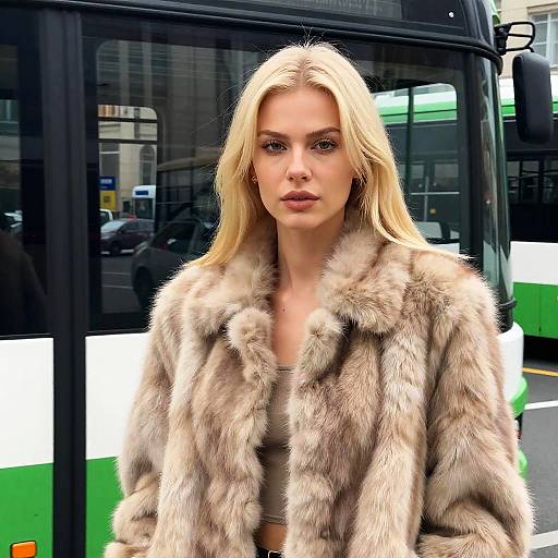 Blonde Woman in Fur Coat by Bus
