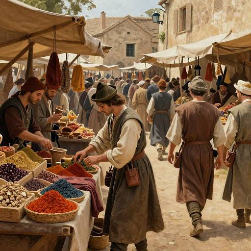 Photograph of a bustling medieval market, with vendors in period clothing selling spices, dried goods, and customers shopping under sunshade canopies.