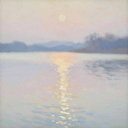 Photograph of a serene lake at sunrise, with a glowing yellow sun reflecting off the calm water, surrounded by misty, blurred trees.