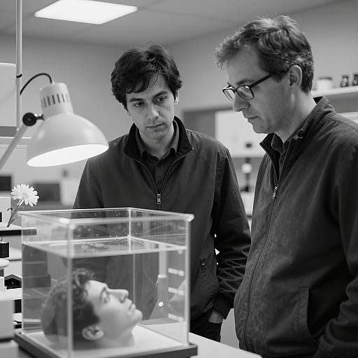 Scientists Observing Human Face in Glass Tank in Laboratory
