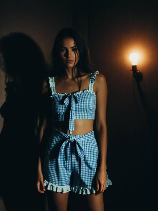 Woman in Blue Gingham Two-Piece Outfit