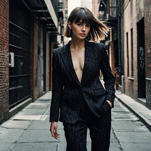 Woman in Pinstripe Suit with Textured Fringe Hairstyle