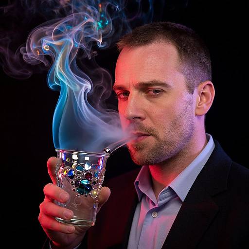 Photograph of a bearded man with short dark hair, holding a glass, exhaling vibrant blue and red smoke against a black background.