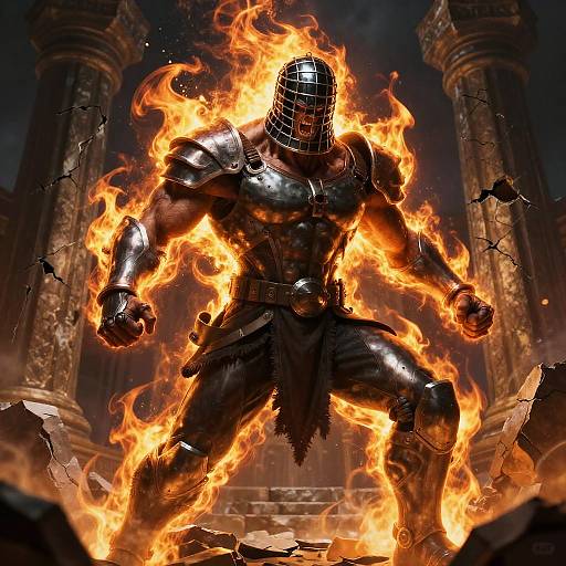 Digital artwork of a muscular, armored warrior engulfed in fiery flames, standing amidst crumbling stone columns in a dark, dramatic setting.