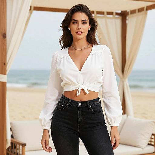 Stylish Woman in Cropped White Blouse at Beachfront Cabana