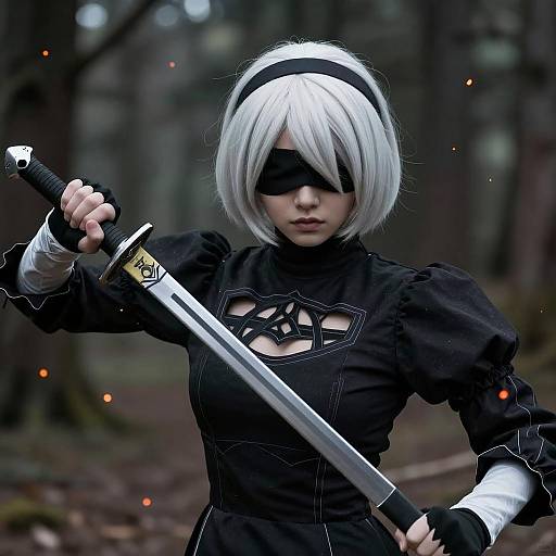 Cosplayer in Black Outfit Holding Sword in Forest