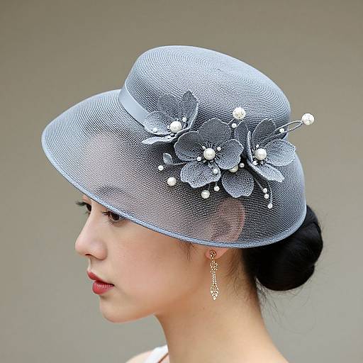 Photograph of an Asian woman with fair skin, black hair in a bun, wearing a silver mesh fascinator with white floral accents and pearl details,