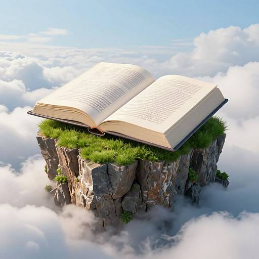 A large open book with green grass on top sits on a rocky cliff amidst fluffy white clouds and blue sky. Digital artwork.