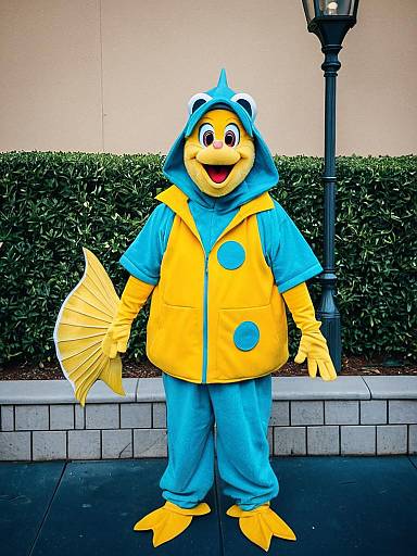 Photograph of a person in a vibrant blue and yellow fish costume, holding a yellow fan, standing outdoors with a lamppost and trimmed hedge in