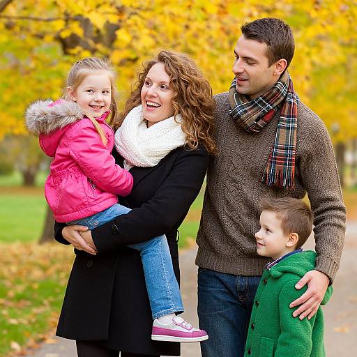 Photograph of a smiling family in autumn: curly-haired mom in black coat, white scarf, holding pink-jacketed daughter, dad in brown sweater