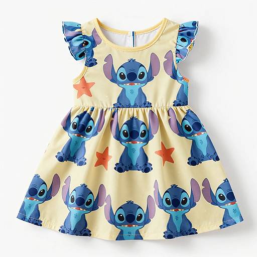 Photograph of a yellow children's dress with a blue Stitch pattern and red stars, featuring a round neckline and short sleeves.