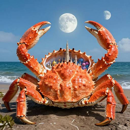 Photograph of a vivid orange, spiky crab with large claws in front of a beach, ocean, and moonlit sky with two moons.