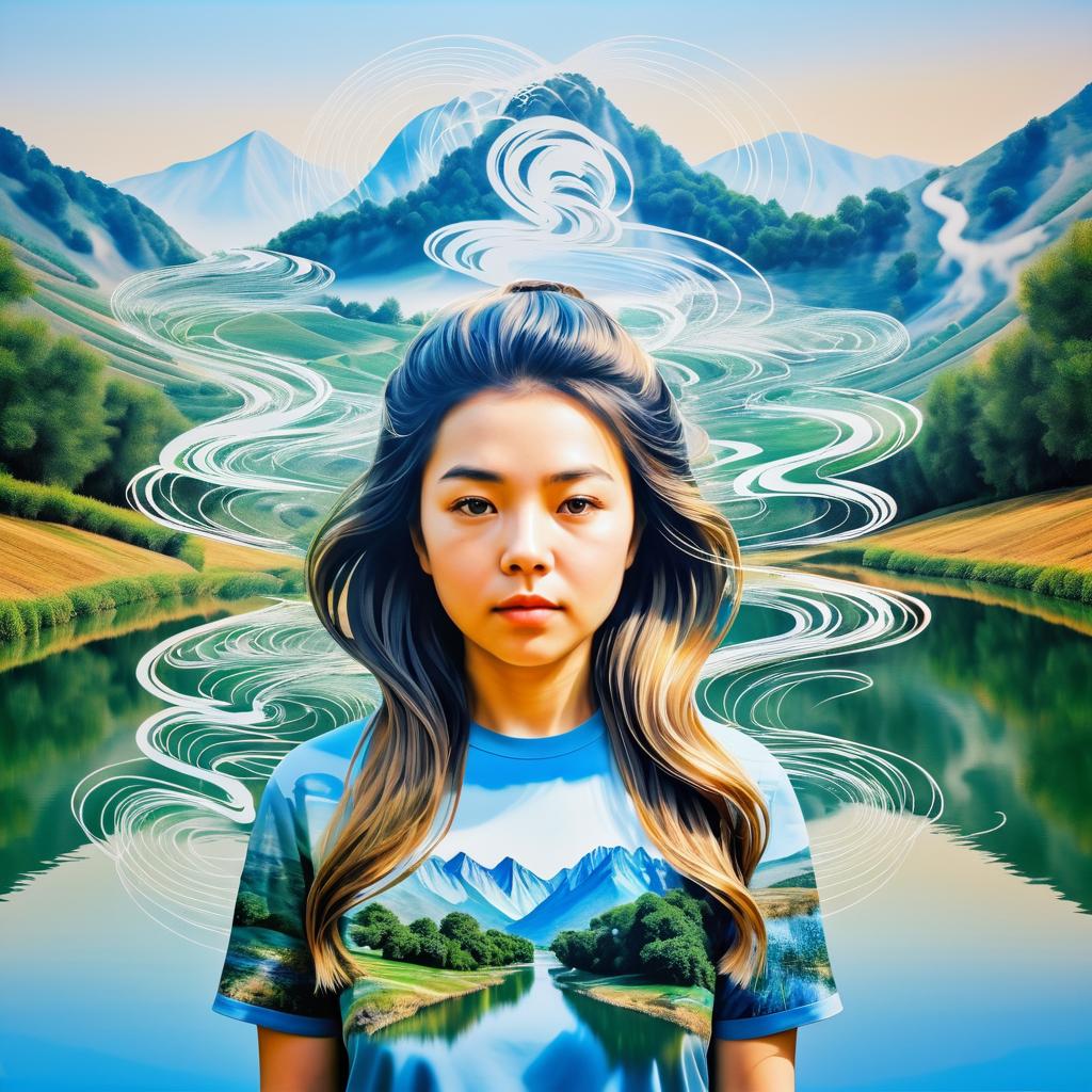 Young Lady Portrait with Flowing Landscape Hair