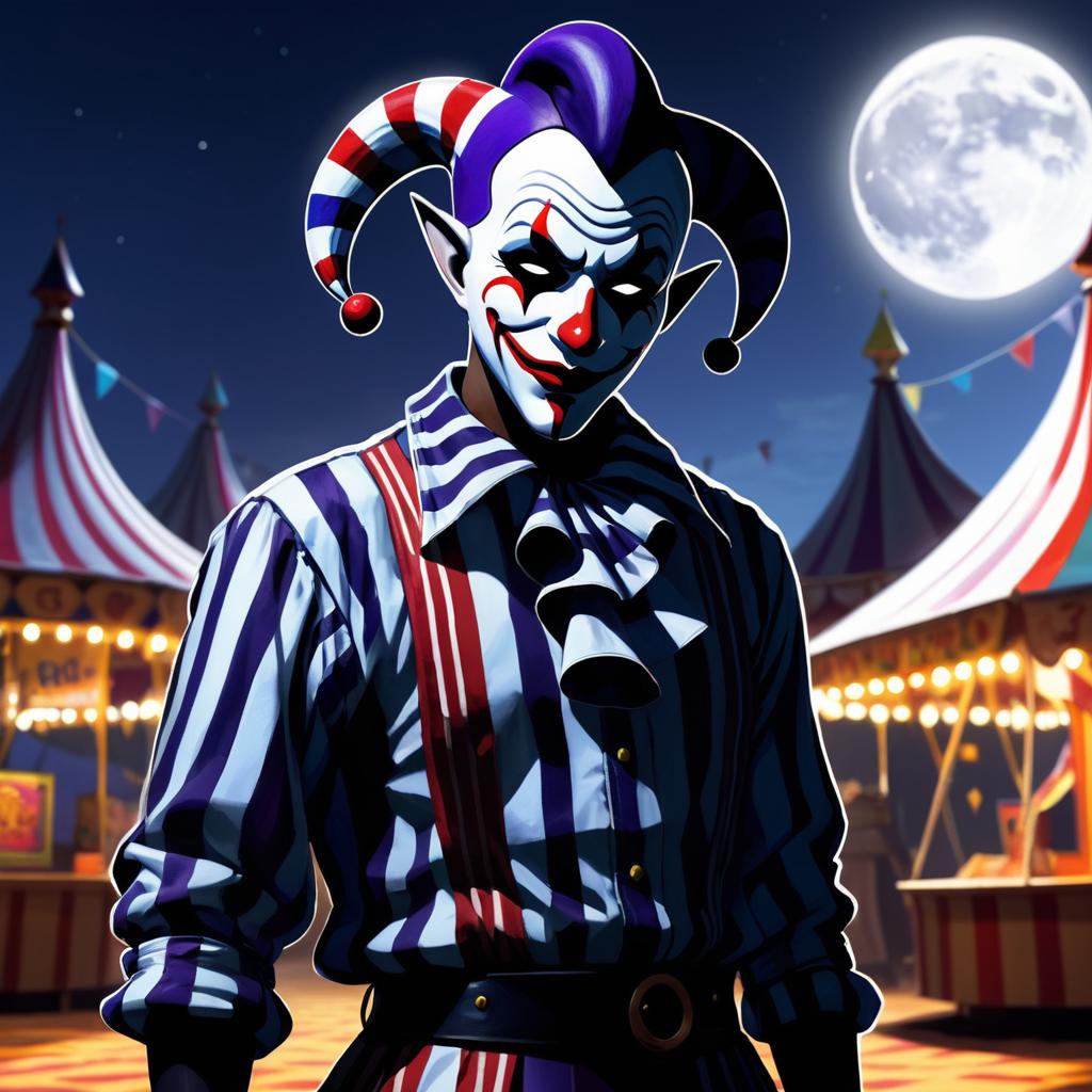 Shadowy Jester in Moonlit Fairground