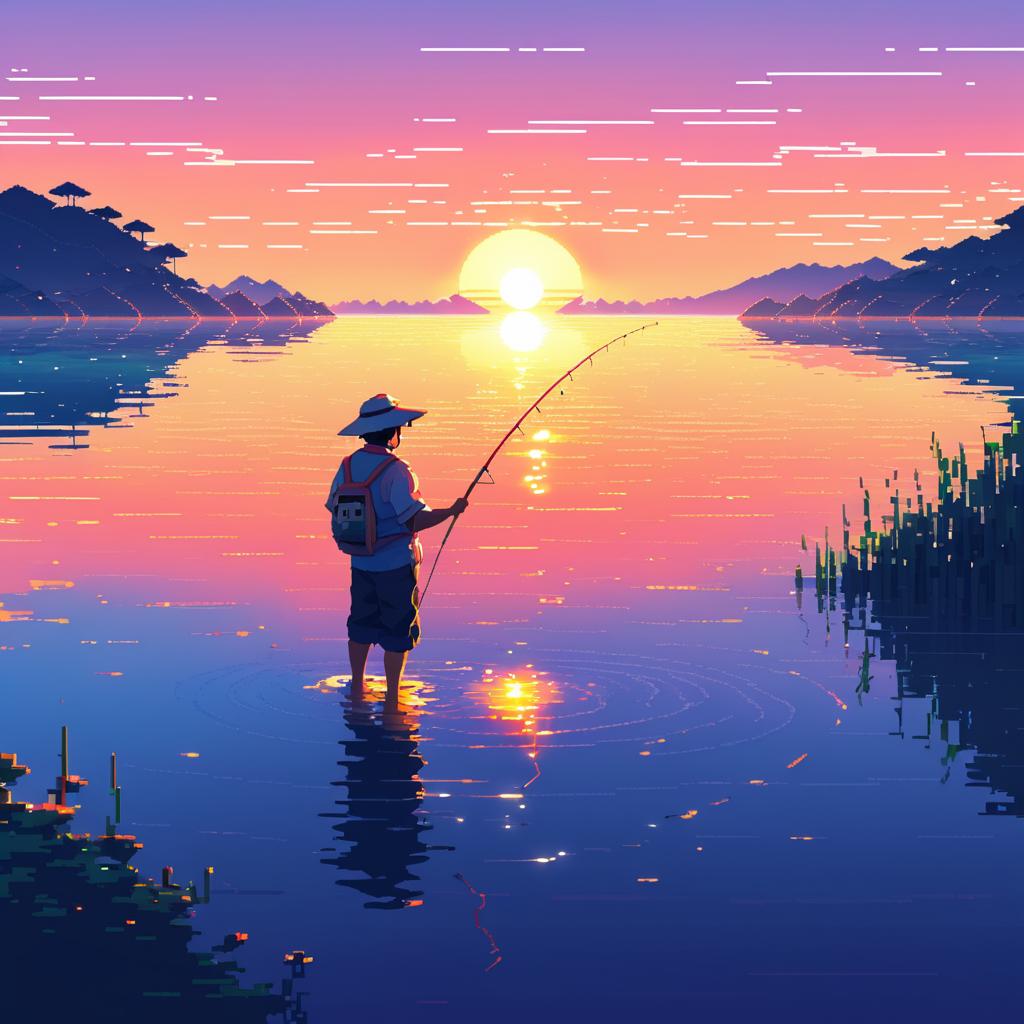 Lonely Fisherman at Sunset Pixel Art