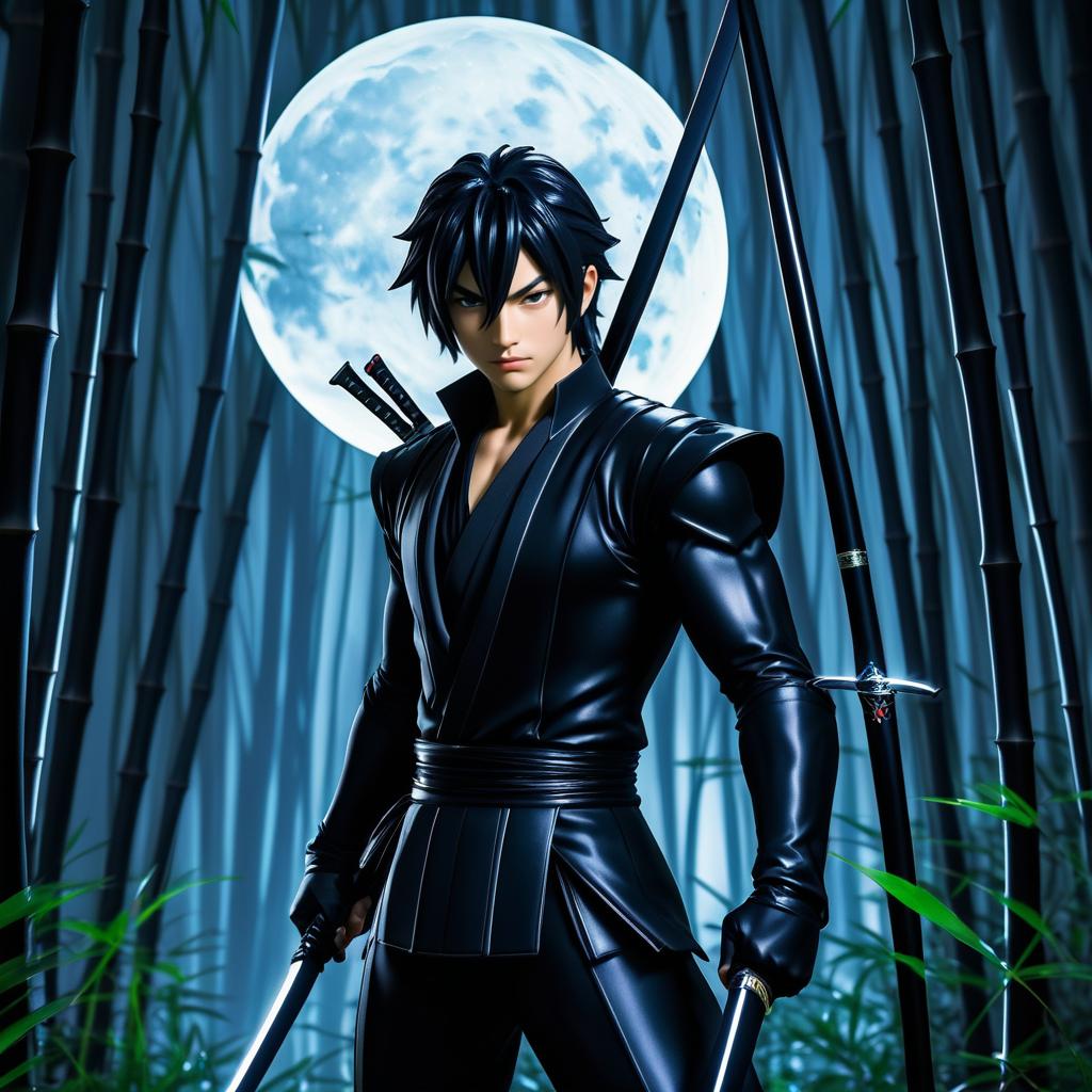 Ninja in Moonlit Bamboo Forest Art