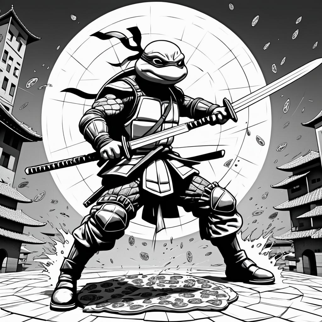 Ninja Turtle Slicing Pizzas Illustration